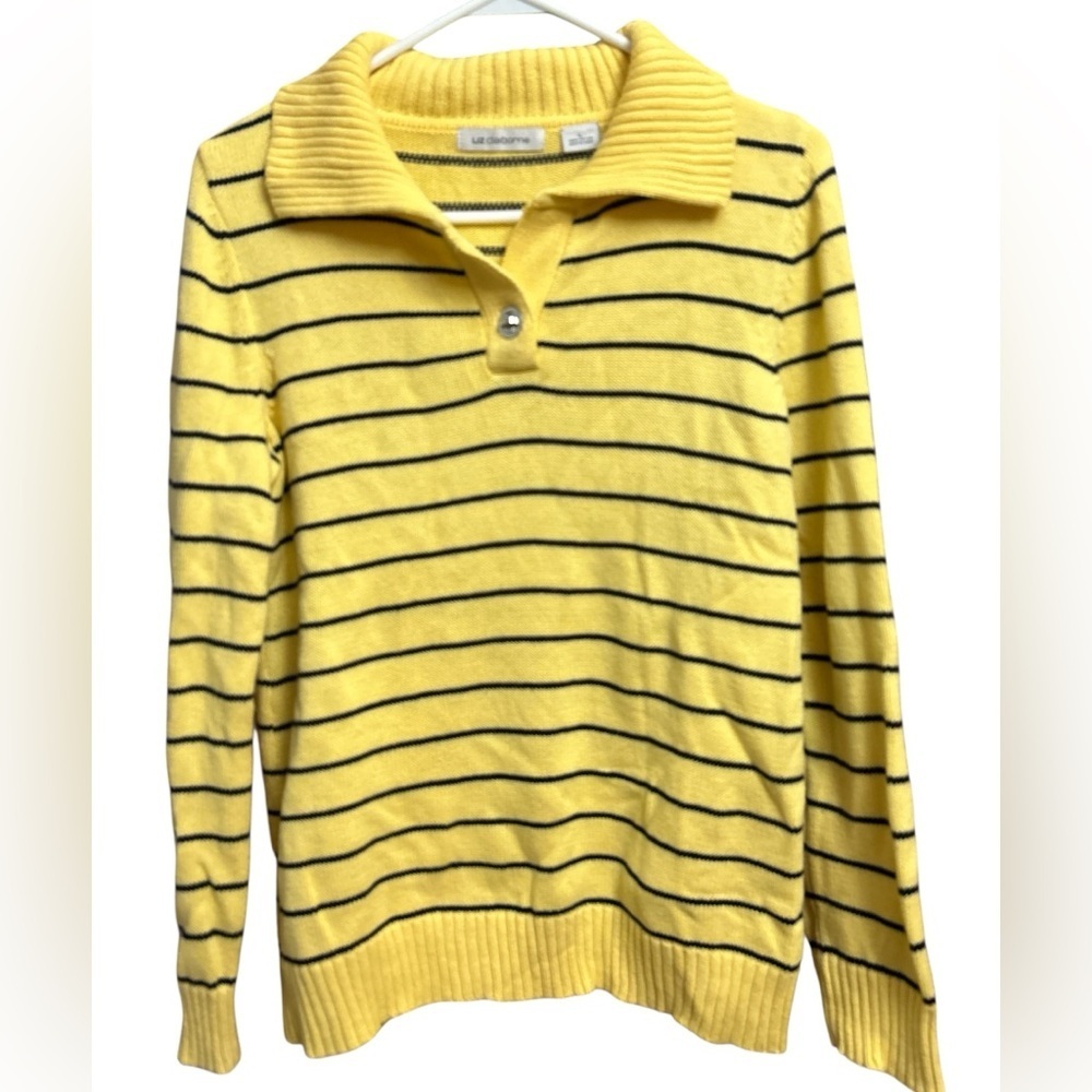 Liz Claiborne Yellow and Navy Striped Cowl Neck Sweater